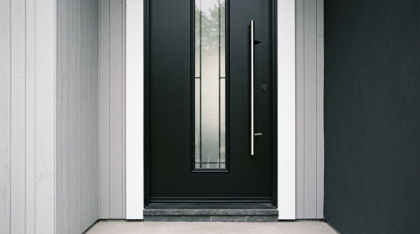 Modern black entry door with glass insert and bar handle