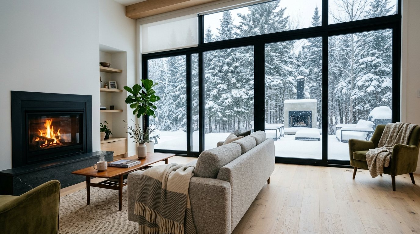Bright living room with large black windows in winter