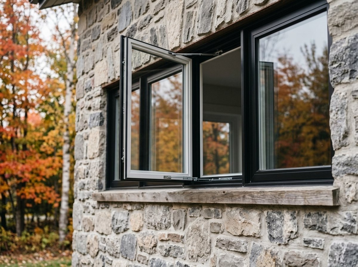 Black casement window swung open outward, seen from the living room