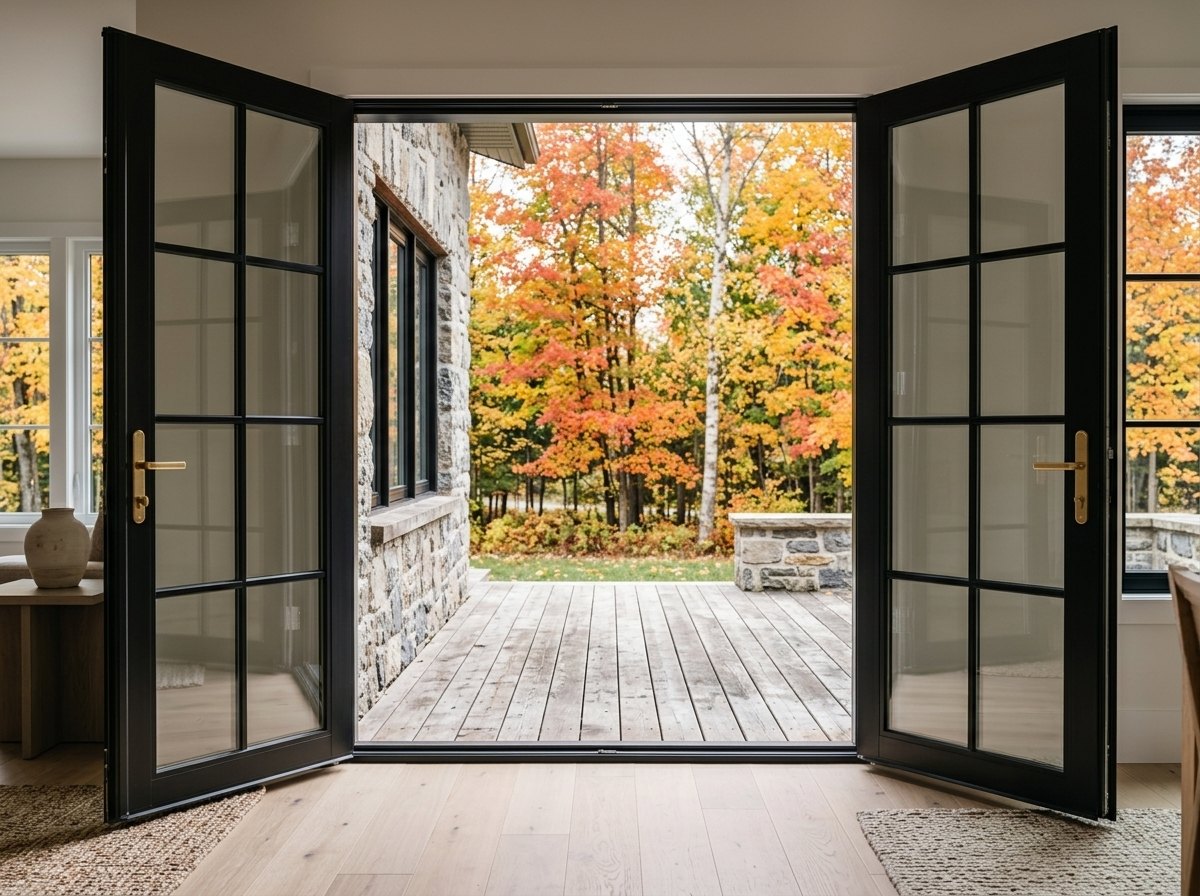 Black French patio doors open onto a deck at sunset